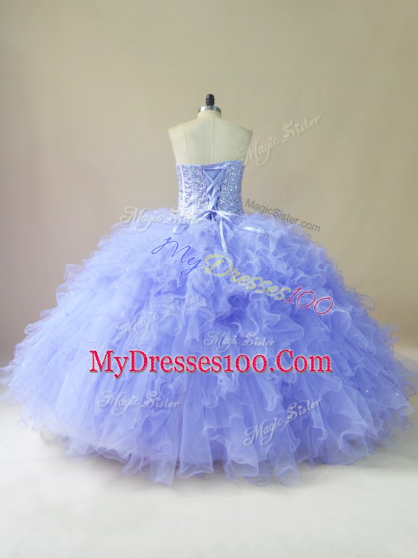 Stylish Sweetheart Sleeveless Sweet 16 Quinceanera Dress Floor Length Beading and Ruffles Lavender Tulle