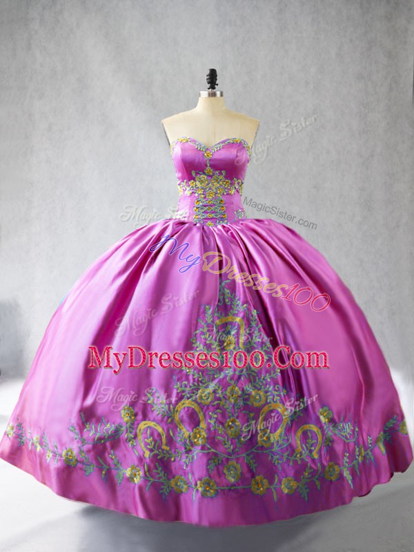Floor Length Rose Pink 15 Quinceanera Dress Satin Sleeveless Embroidery