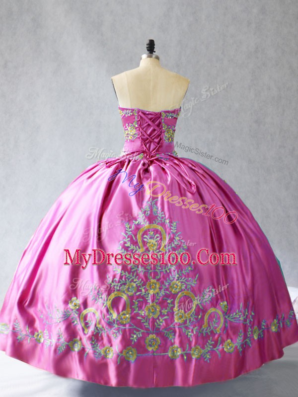 Floor Length Rose Pink 15 Quinceanera Dress Satin Sleeveless Embroidery