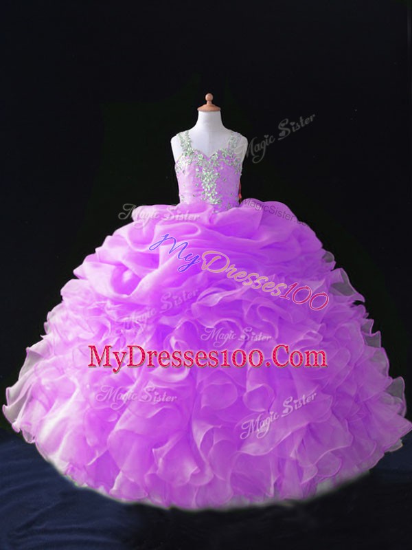 Floor Length Lilac Girls Pageant Dresses Organza Sleeveless Beading and Ruffles and Pick Ups