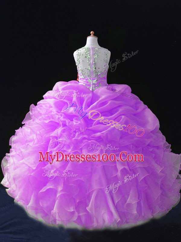 Floor Length Lilac Girls Pageant Dresses Organza Sleeveless Beading and Ruffles and Pick Ups