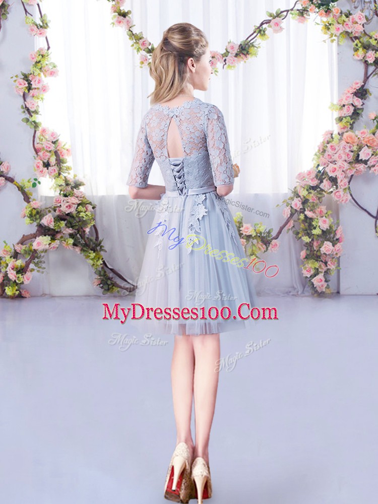 Excellent Mini Length Grey Dama Dress Scoop Half Sleeves Lace Up