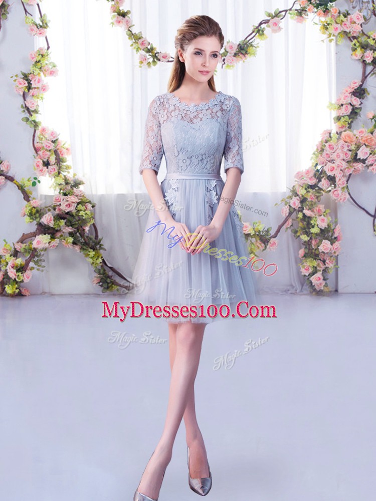 Excellent Mini Length Grey Dama Dress Scoop Half Sleeves Lace Up