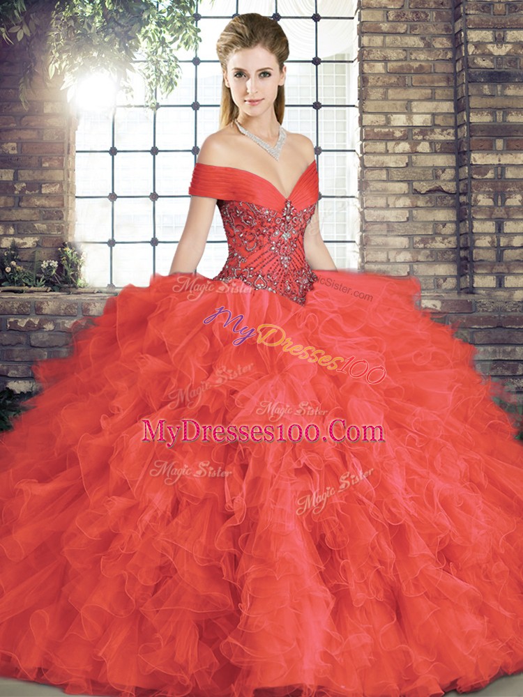 Coral Red Sleeveless Tulle Lace Up Ball Gown Prom Dress for Military Ball and Sweet 16 and Quinceanera