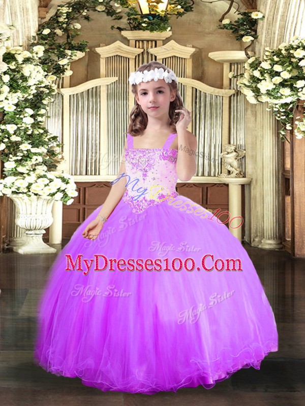 Affordable Lavender Lace Up Straps Beading Girls Pageant Dresses Tulle Sleeveless