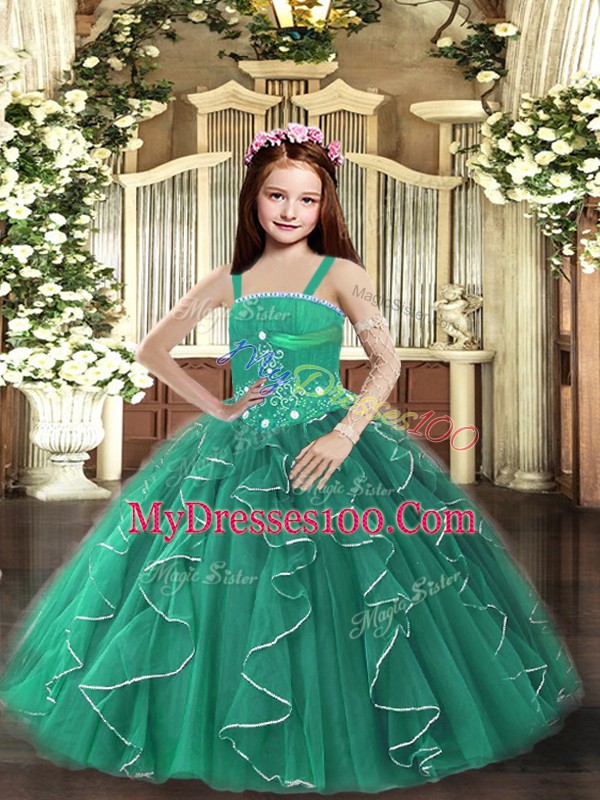 Tulle Sleeveless Floor Length Little Girl Pageant Dress and Beading and Ruffles
