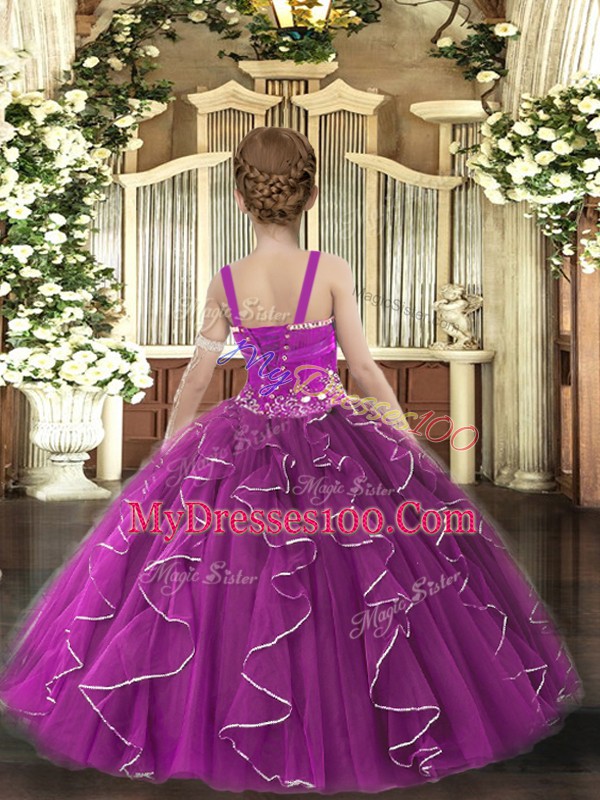 Tulle Sleeveless Floor Length Little Girl Pageant Dress and Beading and Ruffles