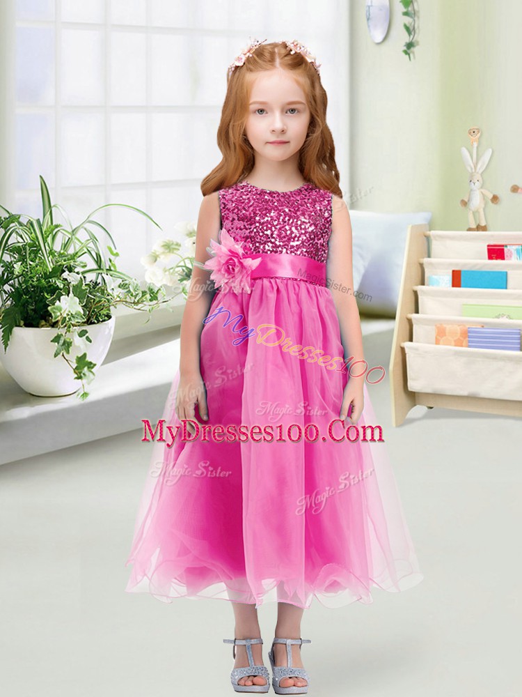 Organza Sleeveless Tea Length Flower Girl Dresses for Less and Sequins and Hand Made Flower