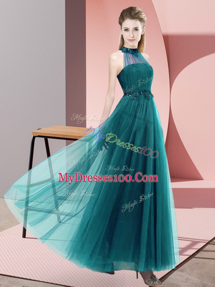 Affordable Sleeveless Floor Length Beading and Appliques Lace Up Dama Dress with Teal