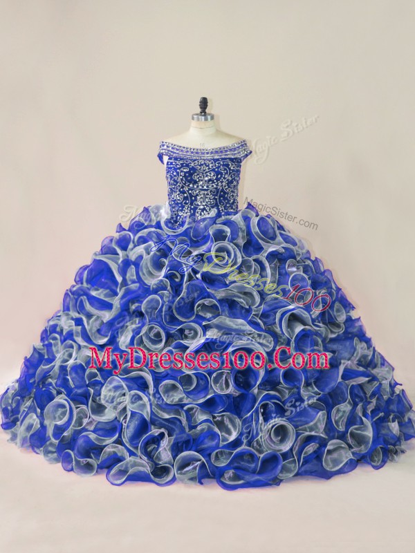 Off The Shoulder Sleeveless Sweet 16 Dress Court Train Beading and Ruffles Multi-color Organza