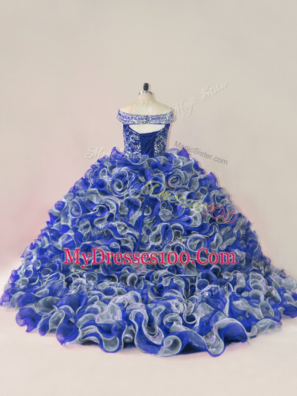 Off The Shoulder Sleeveless Sweet 16 Dress Court Train Beading and Ruffles Multi-color Organza