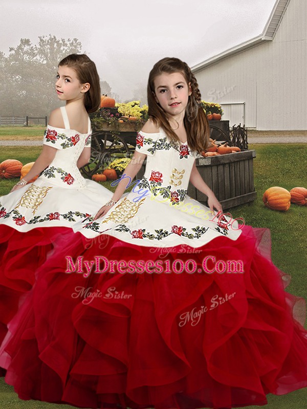 Great Straps Sleeveless High School Pageant Dress Floor Length Embroidery and Ruffles Red Organza