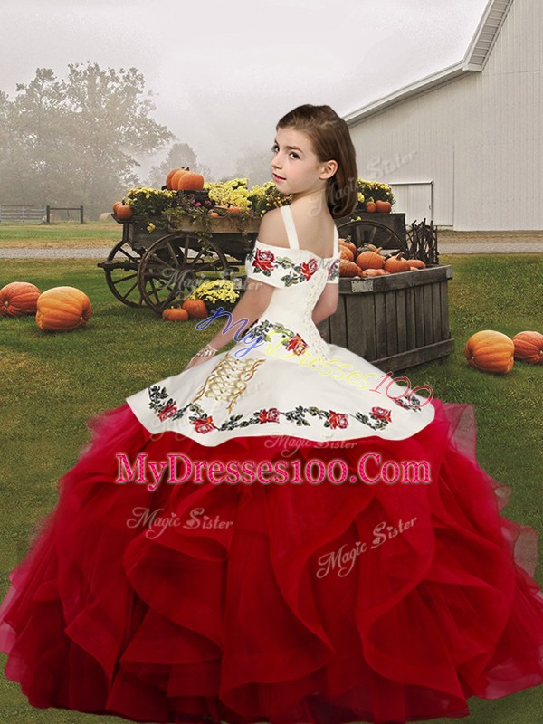 Great Straps Sleeveless High School Pageant Dress Floor Length Embroidery and Ruffles Red Organza