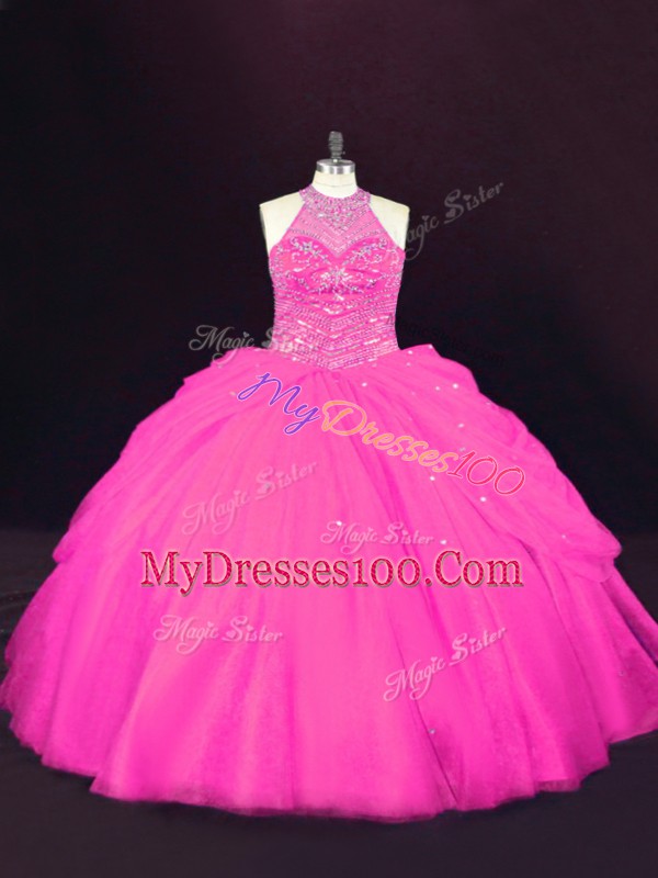Modern Hot Pink Sleeveless Beading Floor Length Ball Gown Prom Dress