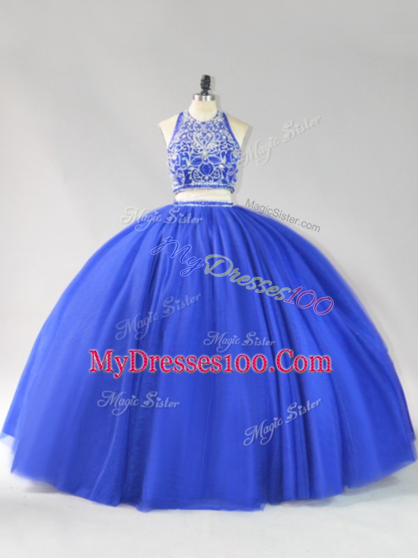 Super Royal Blue Sleeveless Beading Floor Length Quinceanera Gowns