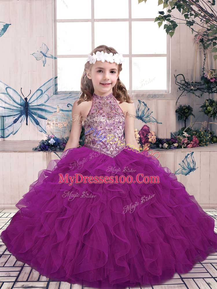 Sleeveless Tulle Floor Length Lace Up Girls Pageant Dresses in Purple with Beading and Ruffles