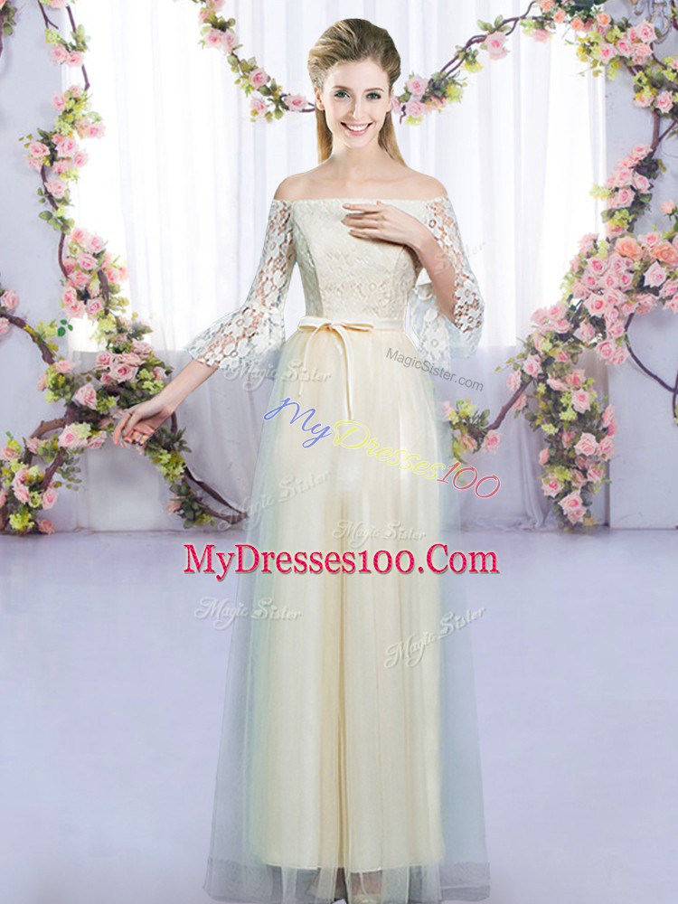 Off The Shoulder 3 4 Length Sleeve Tulle Bridesmaids Dress Lace and Bowknot Lace Up