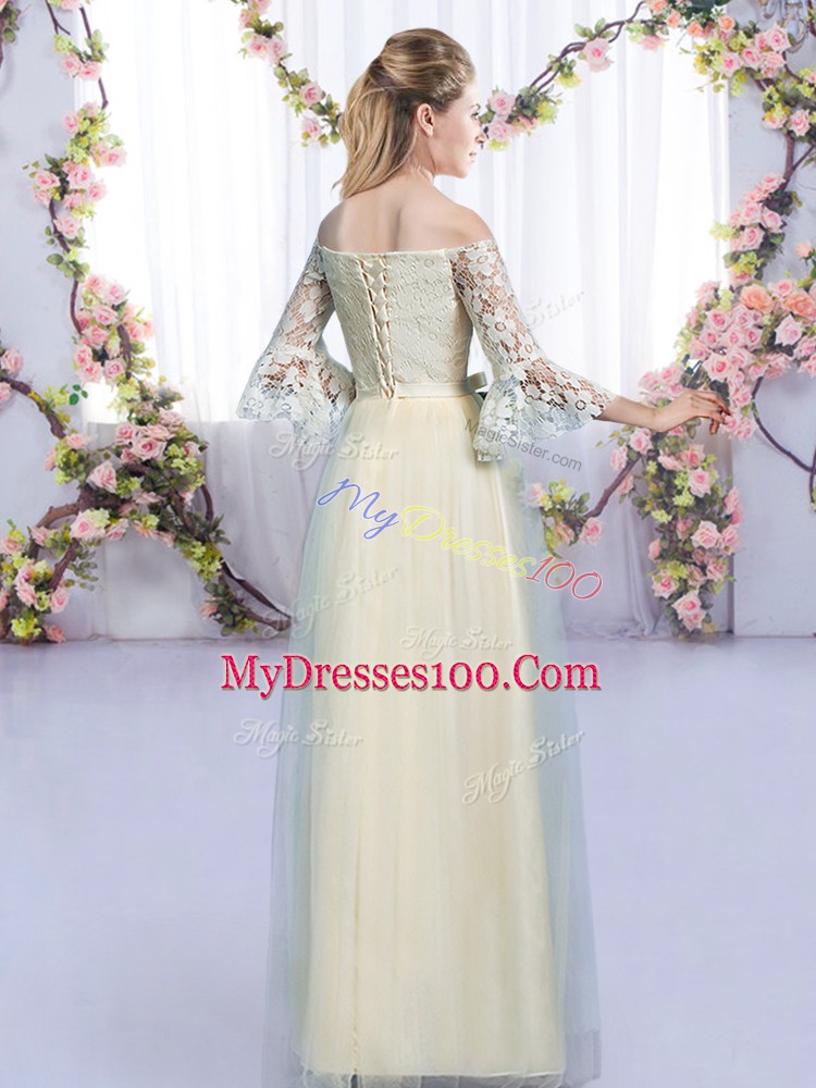Off The Shoulder 3 4 Length Sleeve Tulle Bridesmaids Dress Lace and Bowknot Lace Up