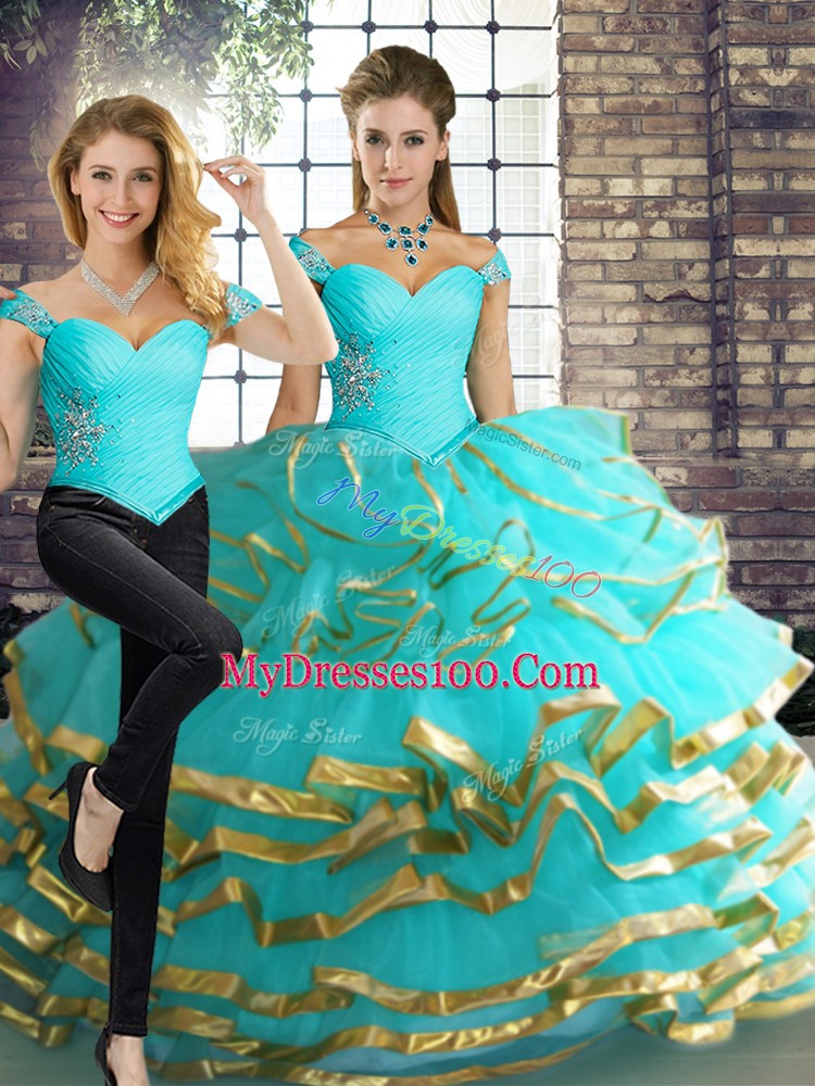 Classical Aqua Blue Sleeveless Floor Length Beading and Ruffled Layers Lace Up Quinceanera Gown