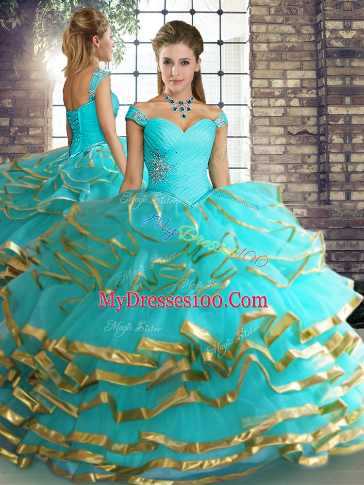 Classical Aqua Blue Sleeveless Floor Length Beading and Ruffled Layers Lace Up Quinceanera Gown