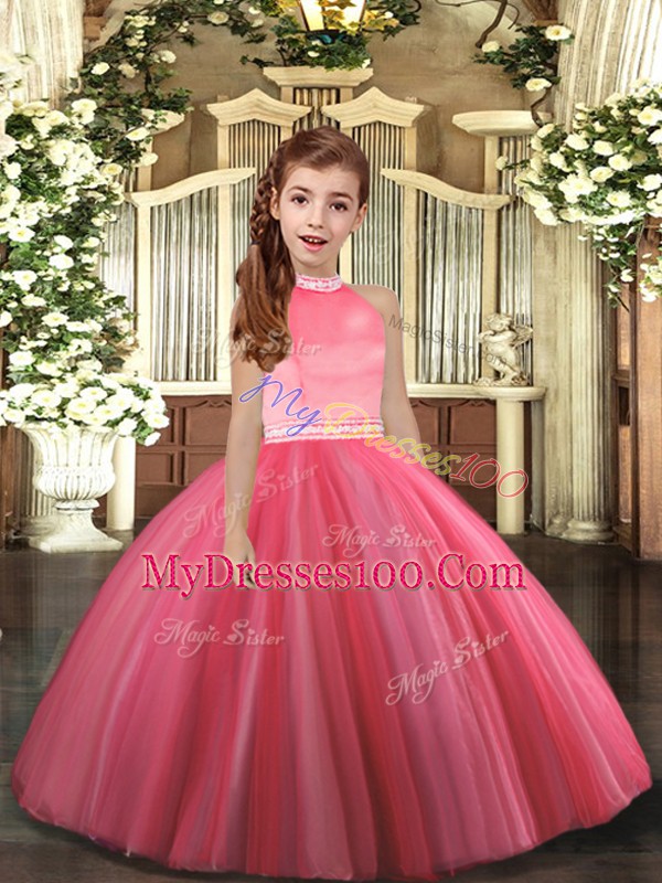 Coral Red High-neck Neckline Beading Girls Pageant Dresses Sleeveless Zipper