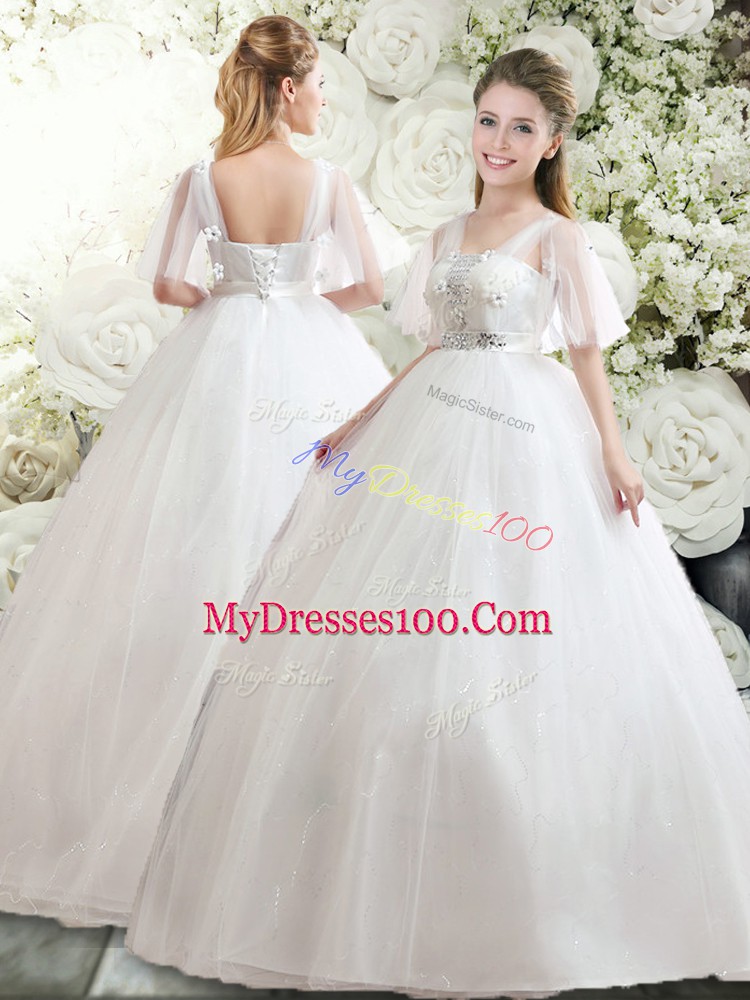 White Straps Neckline Beading and Appliques Wedding Gowns Half Sleeves Lace Up