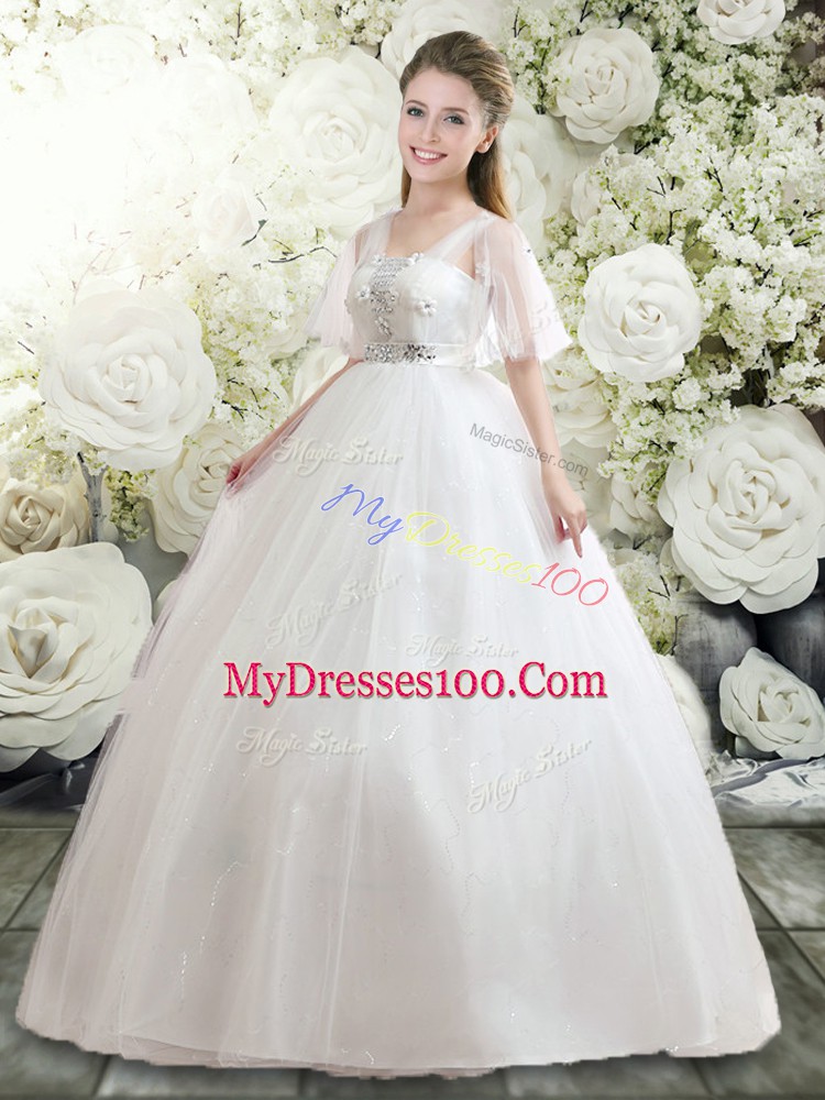 White Straps Neckline Beading and Appliques Wedding Gowns Half Sleeves Lace Up
