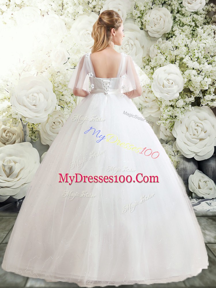 White Straps Neckline Beading and Appliques Wedding Gowns Half Sleeves Lace Up