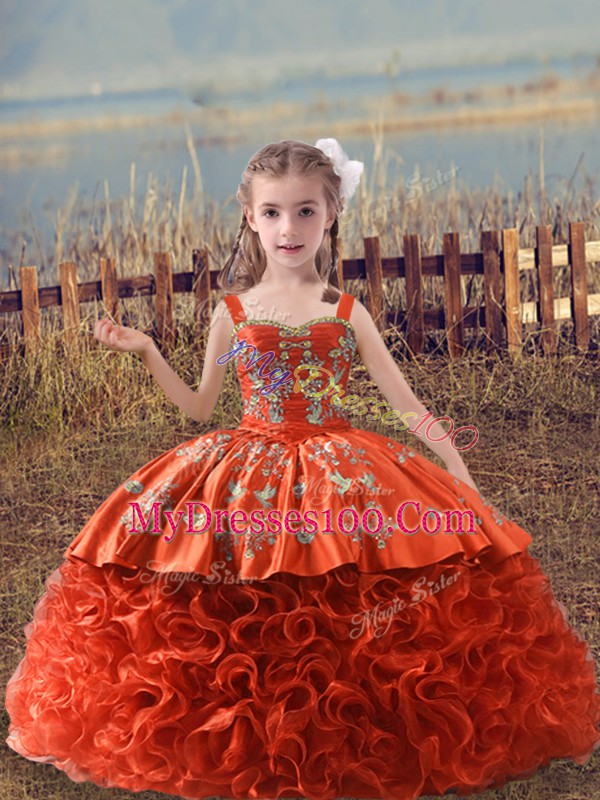 Straps Sleeveless Little Girls Pageant Dress Sweep Train Embroidery Orange Red Fabric With Rolling Flowers