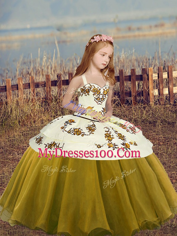 Dramatic Olive Green Sleeveless Floor Length Beading Lace Up Little Girl Pageant Dress