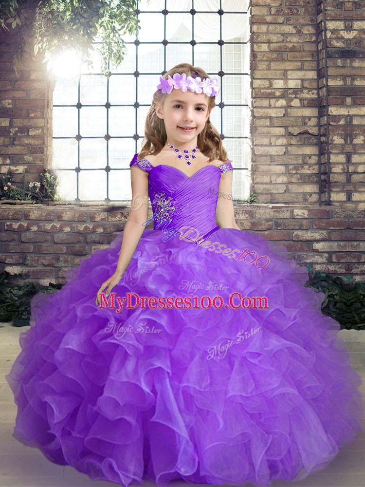 Purple Sleeveless Organza Lace Up Pageant Dresses for Party and Wedding Party