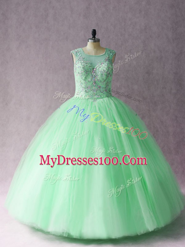 Scoop Sleeveless Quinceanera Dress Floor Length Beading Apple Green Tulle