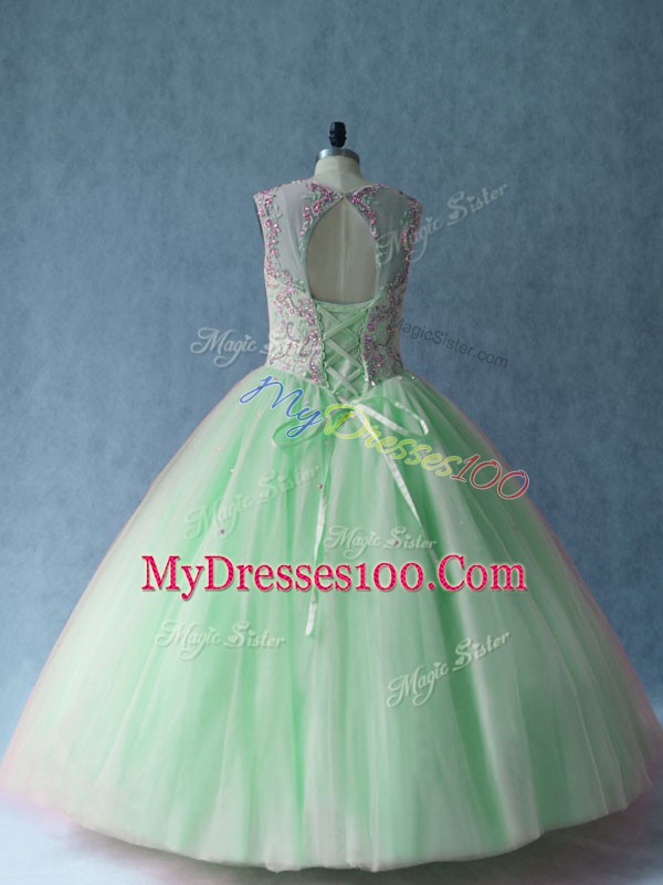 Scoop Sleeveless Quinceanera Dress Floor Length Beading Apple Green Tulle