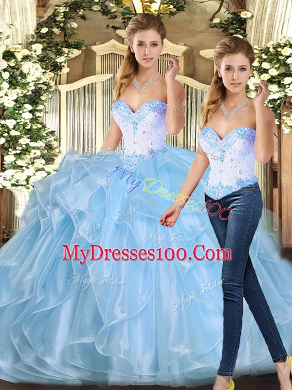 Blue Organza Lace Up Sweet 16 Quinceanera Dress Sleeveless Floor Length Beading and Ruffles