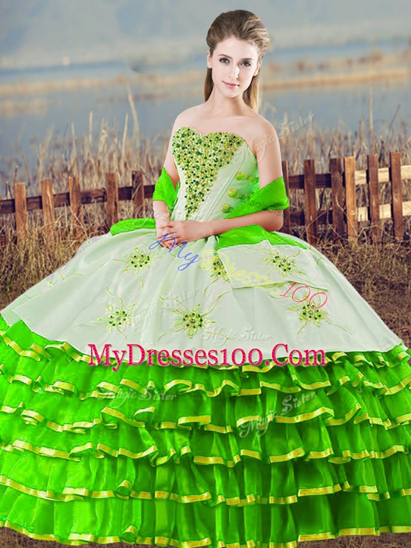 Green Organza Lace Up Quince Ball Gowns Sleeveless Floor Length Beading and Ruffled Layers
