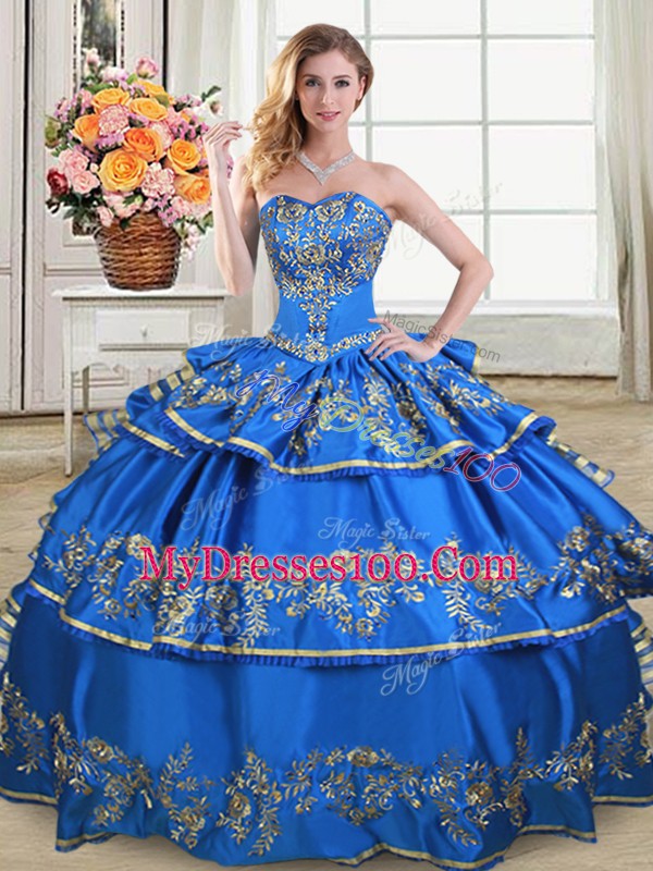 Lovely Sleeveless Satin and Organza Floor Length Lace Up Quinceanera Gowns in Royal Blue with Embroidery and Ruffled Layers