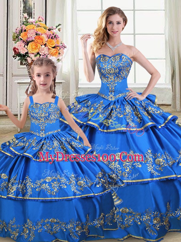 Lovely Sleeveless Satin and Organza Floor Length Lace Up Quinceanera Gowns in Royal Blue with Embroidery and Ruffled Layers