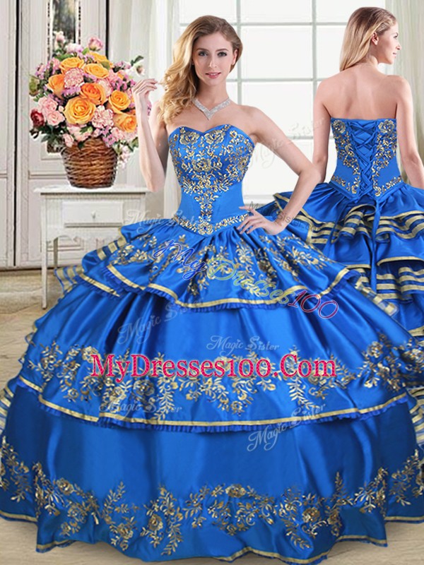 Lovely Sleeveless Satin and Organza Floor Length Lace Up Quinceanera Gowns in Royal Blue with Embroidery and Ruffled Layers