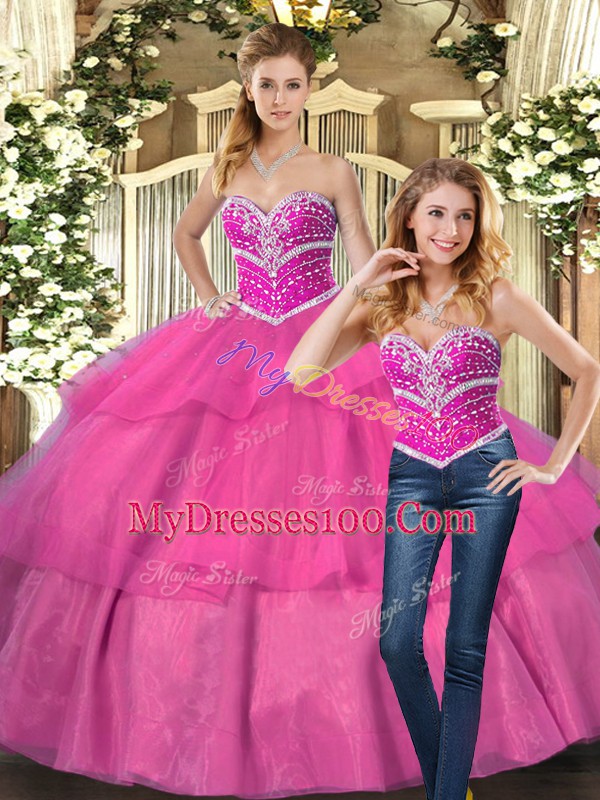 Hot Pink Sleeveless Beading Floor Length Vestidos de Quinceanera