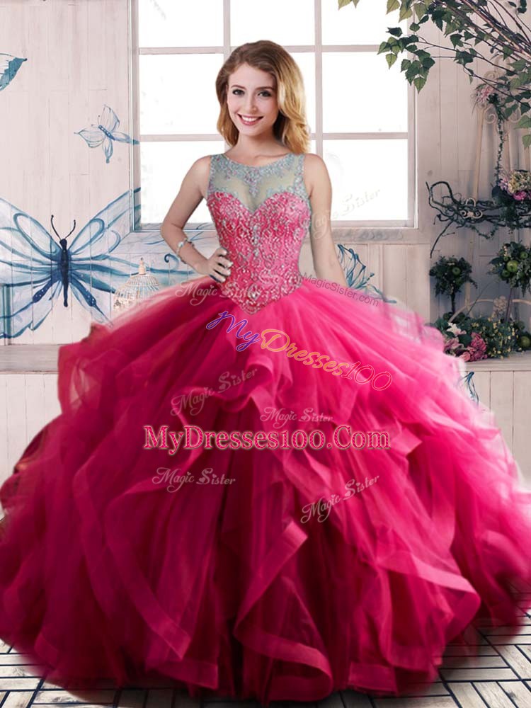 Fuchsia Ball Gowns Scoop Sleeveless Tulle Floor Length Lace Up Beading and Ruffles 15th Birthday Dress
