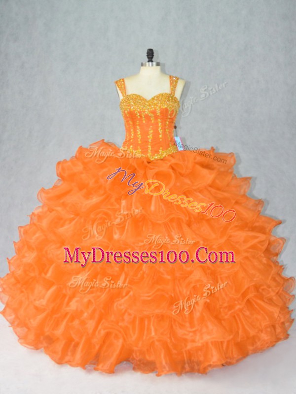 Floor Length Orange 15th Birthday Dress Straps Sleeveless Lace Up