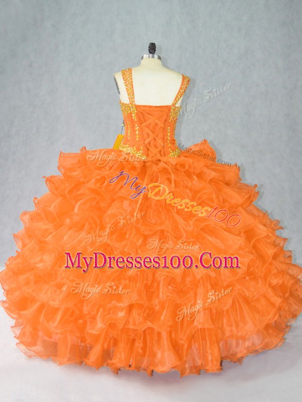 Floor Length Orange 15th Birthday Dress Straps Sleeveless Lace Up