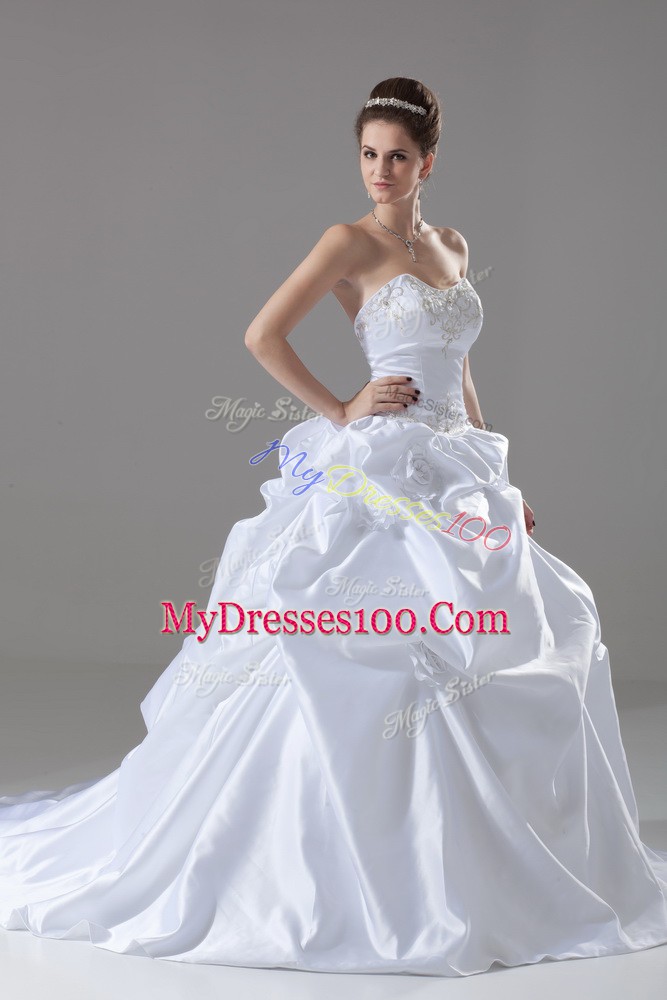 Deluxe White Wedding Dresses Taffeta Brush Train Sleeveless Embroidery and Pick Ups and Hand Made Flower