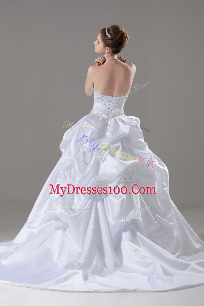 Deluxe White Wedding Dresses Taffeta Brush Train Sleeveless Embroidery and Pick Ups and Hand Made Flower