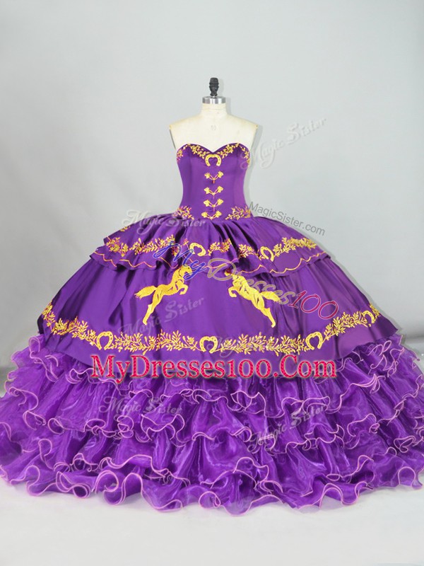 Trendy Purple Sweetheart Neckline Embroidery and Ruffled Layers Quinceanera Dresses Sleeveless Lace Up