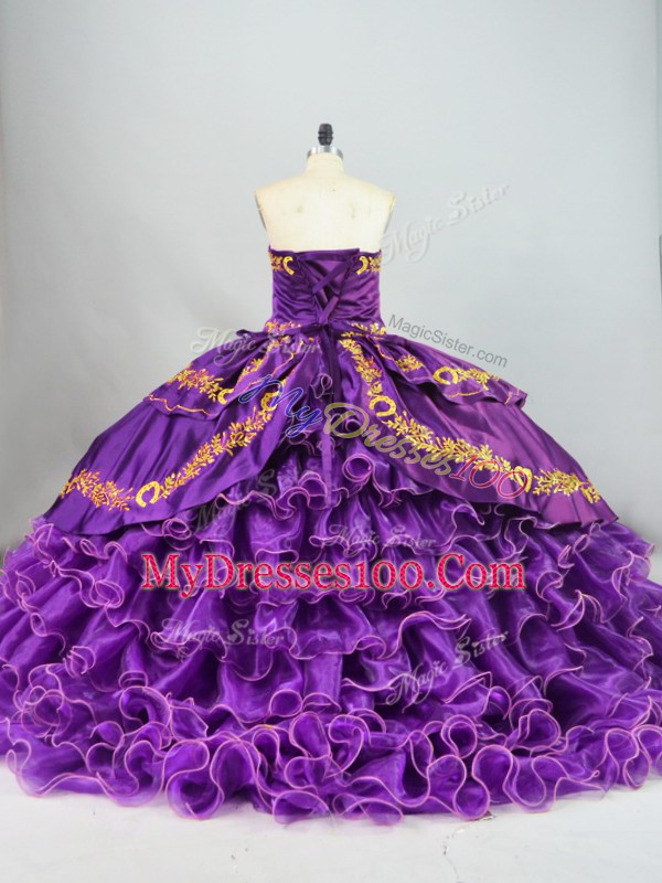 Trendy Purple Sweetheart Neckline Embroidery and Ruffled Layers Quinceanera Dresses Sleeveless Lace Up