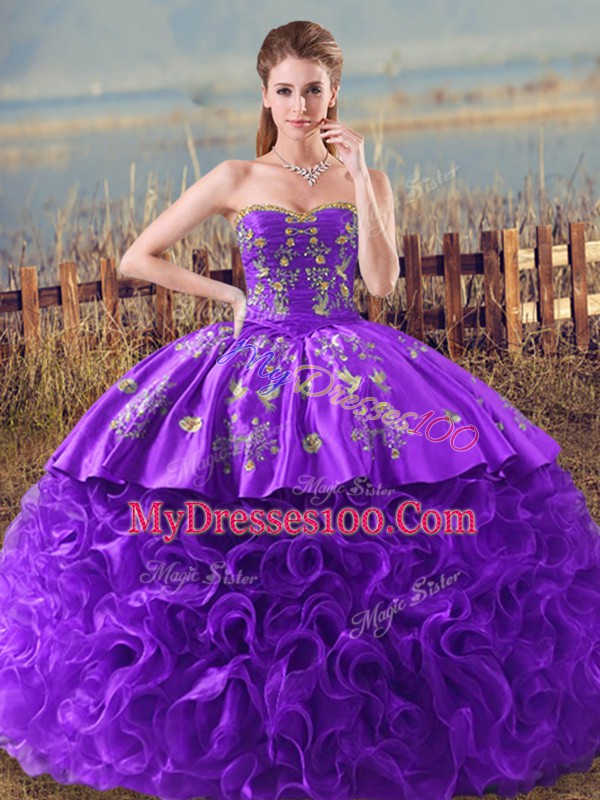 Fantastic Fabric With Rolling Flowers Sweetheart Sleeveless Brush Train Lace Up Embroidery and Ruffles Sweet 16 Dresses in Purple