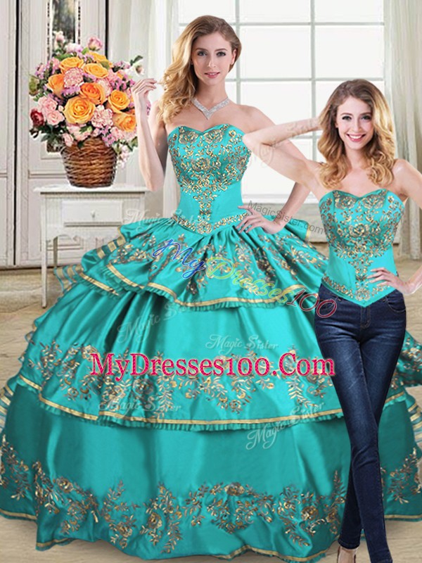 Hot Selling Aqua Blue Sweetheart Neckline Embroidery and Ruffled Layers 15 Quinceanera Dress Sleeveless Lace Up