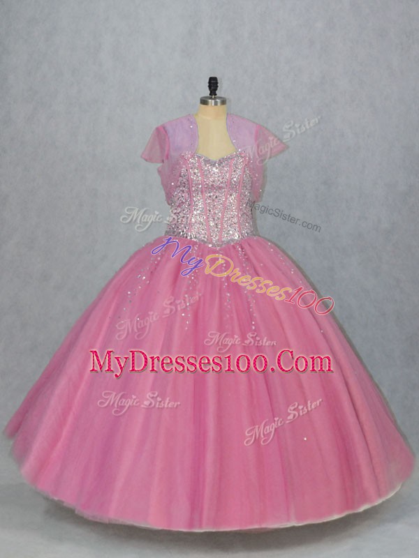 Pink Sleeveless Tulle Lace Up Quinceanera Gown for Sweet 16 and Quinceanera