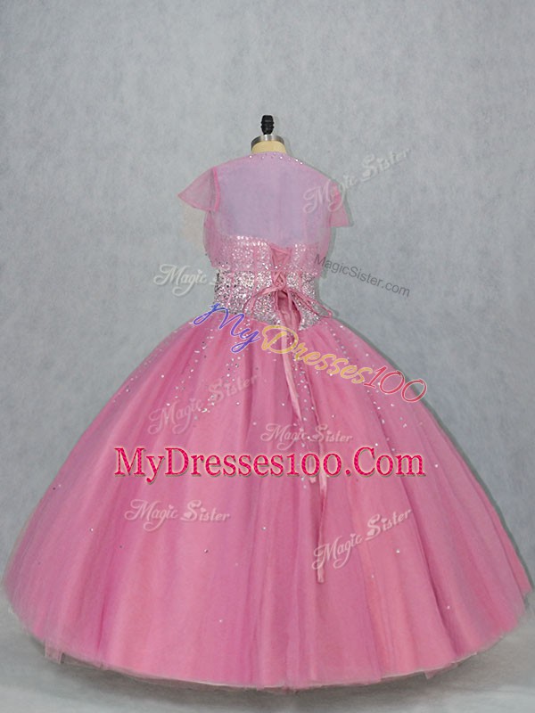 Pink Sleeveless Tulle Lace Up Quinceanera Gown for Sweet 16 and Quinceanera